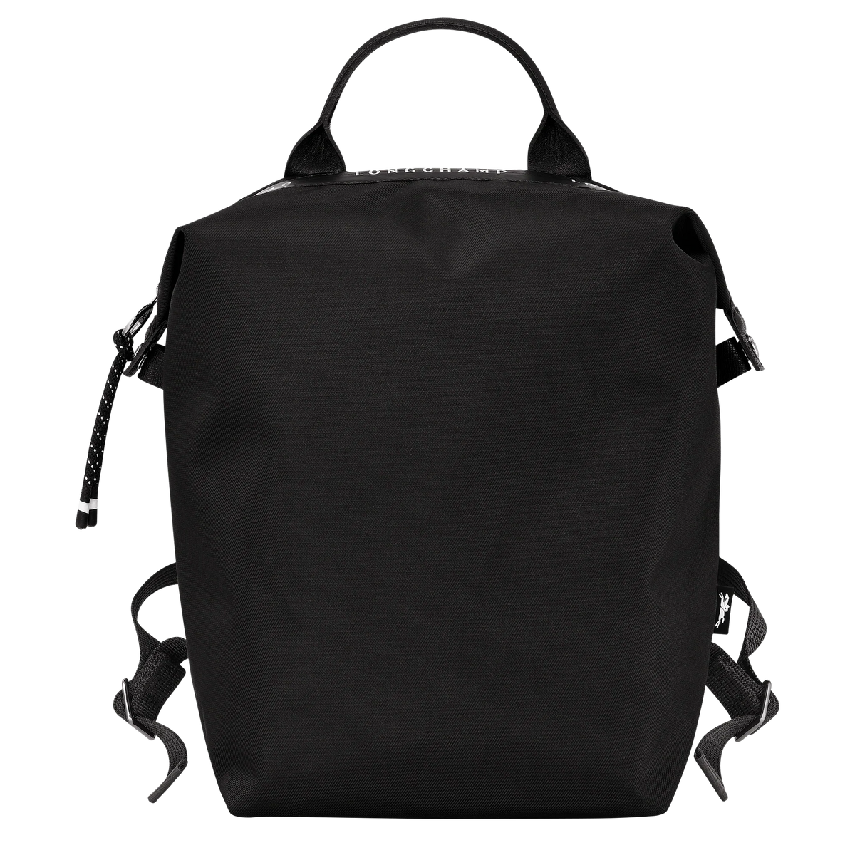 Longchamp Le Pliage Energy L backpack in black, showcasing its sleek, compact design with sturdy shoulder straps and spacious interior.