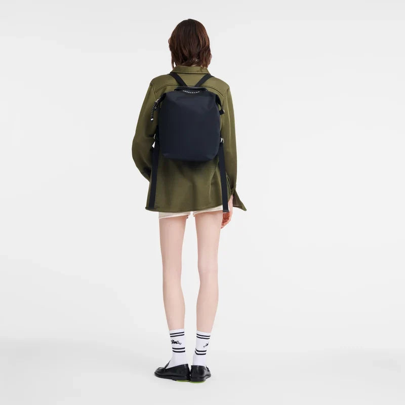 Longchamp Le Pliage Energy L backpack in black with spacious main compartment, durable nylon material, and adjustable straps.
