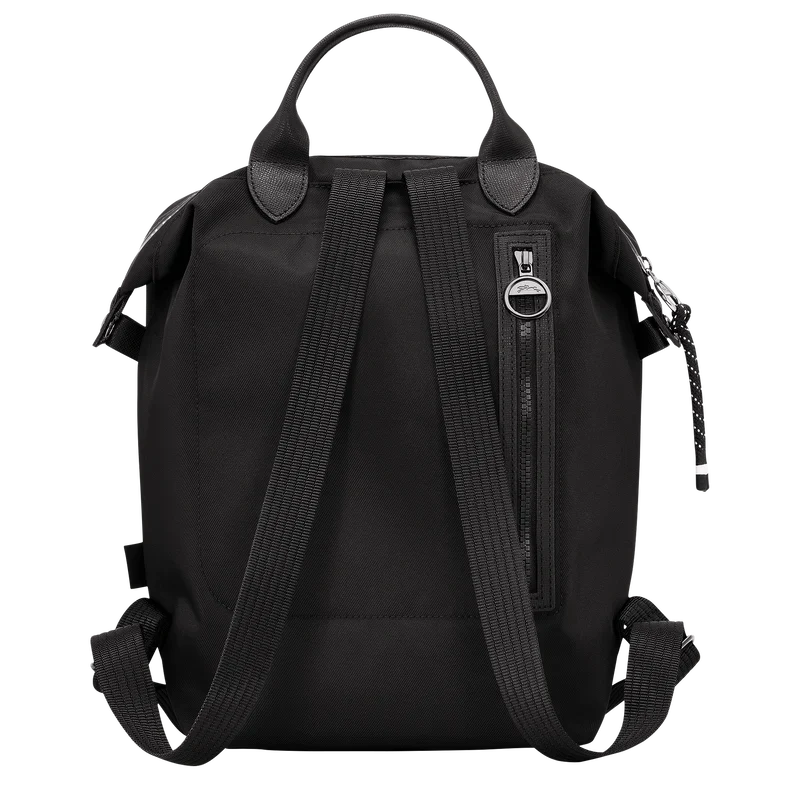 Black Longchamp Le Pliage Energy L backpack with sleek design and sturdy straps, displayed on a plain background.