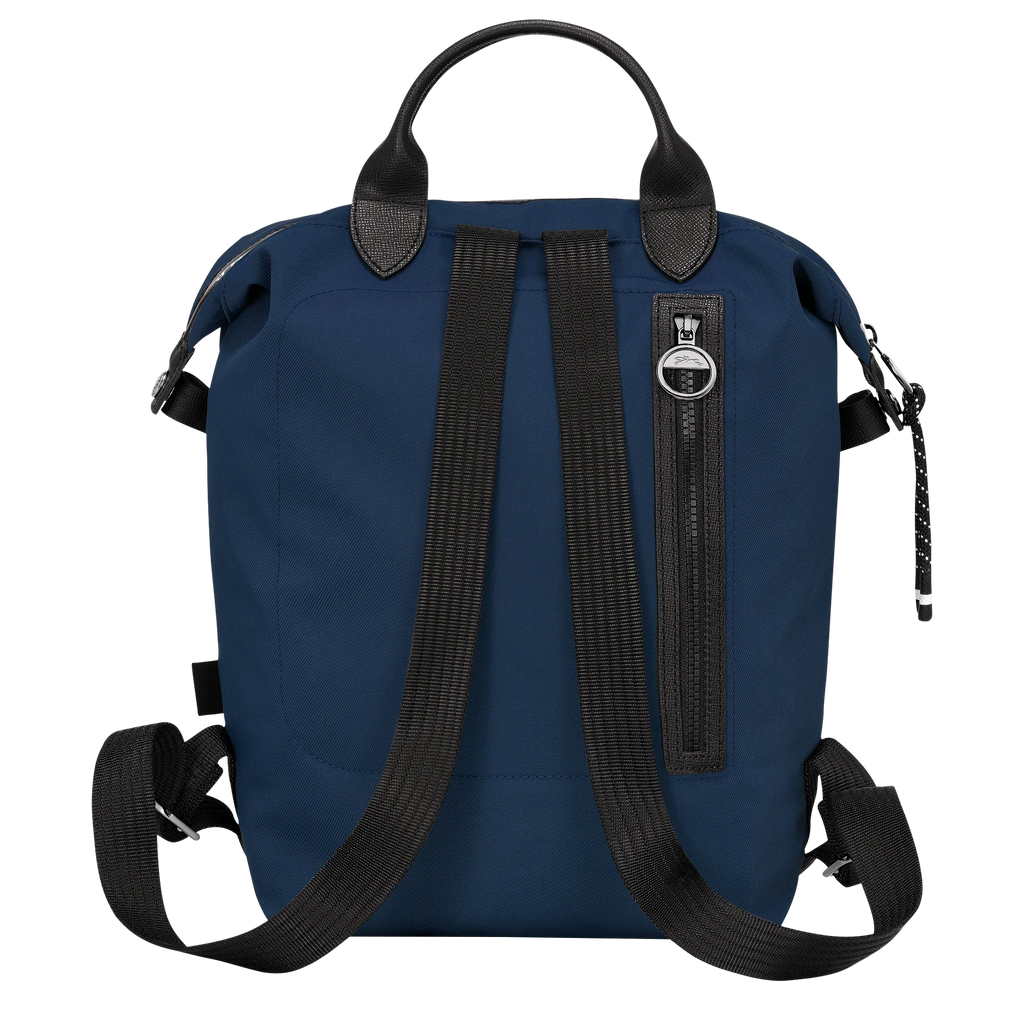 Longchamp Le Pliage Energy L Backpack in navy, lightweight bag with durable fabric and signature design, shown in close-up view.