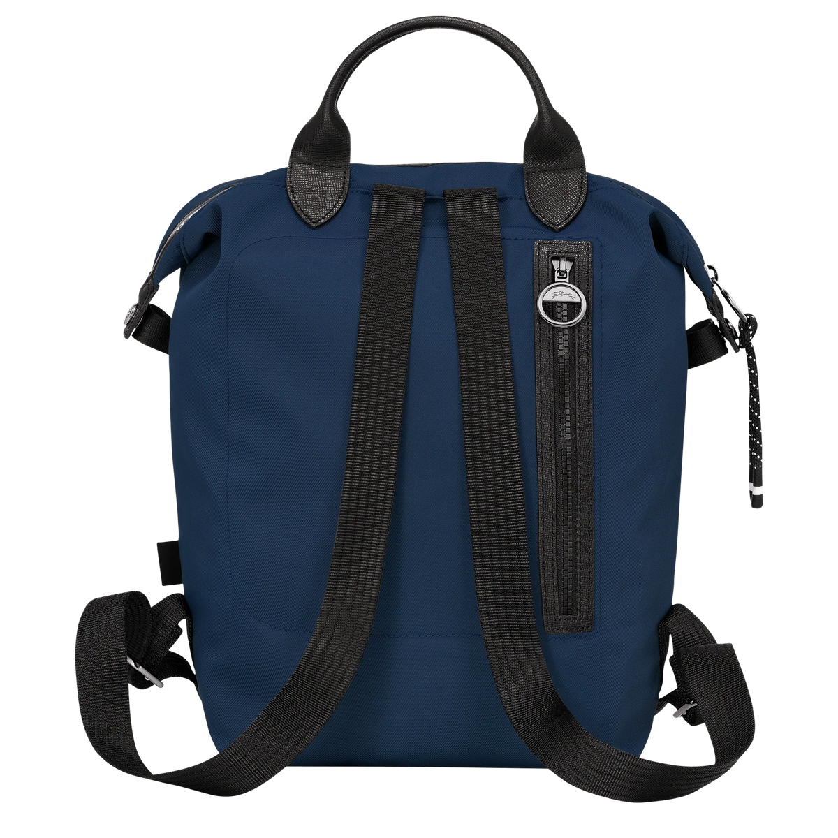 Longchamp Le Pliage Energy L Backpack in navy, lightweight bag with durable fabric and signature design, shown in close-up view.