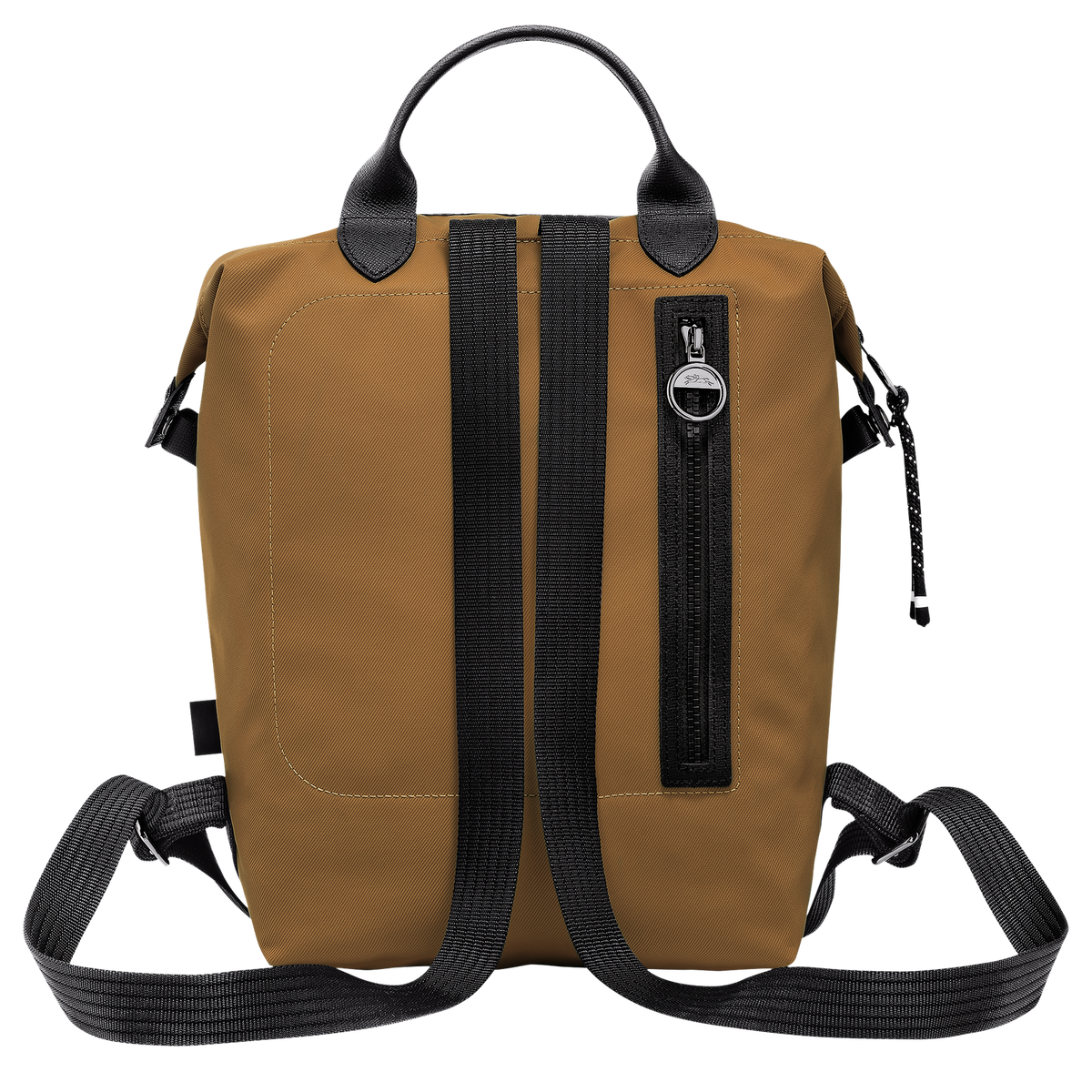 Longchamp Le Pliage Energy L backpack in tobacco color, sleek nylon bag with leather accents and top handle, front flap closure.