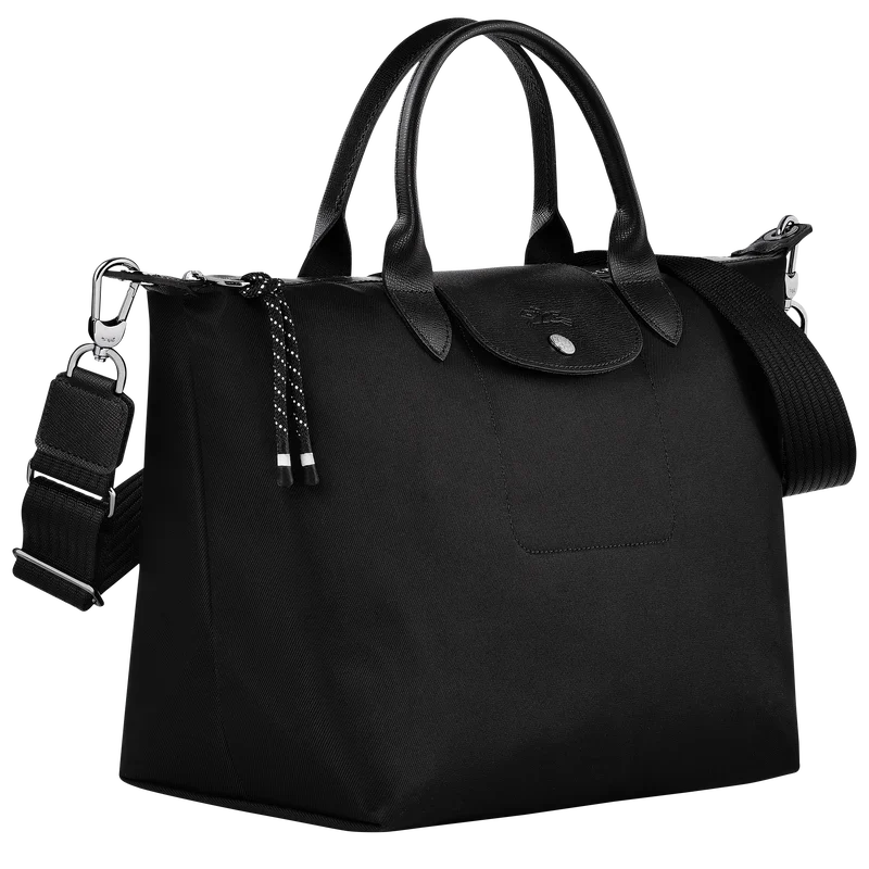 Longchamp Le Pliage Energy L Handbag in black with structured design and top handles, showcasing its stylish and functional appearance.