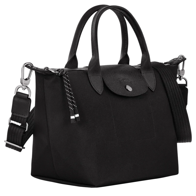 Longchamp Le Pliage Energy S handbag in black, showcasing its compact design with top handles and durable nylon material.