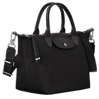Longchamp Le Pliage Energy S handbag in black, showcasing its compact design with top handles and durable nylon material.