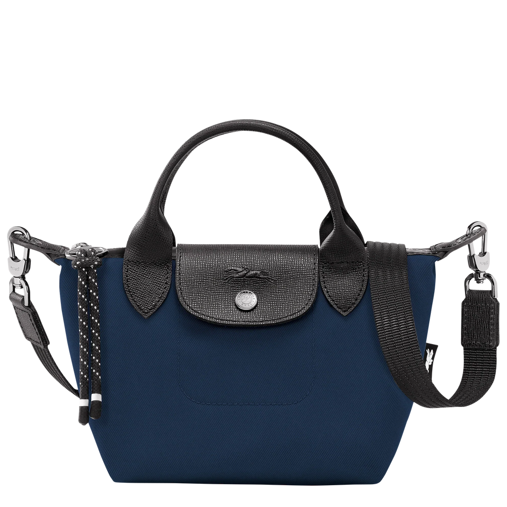 Longchamp Le Pliage Energy XS navy handbag with lightweight nylon design and leather handles, compact and stylish for everyday use.