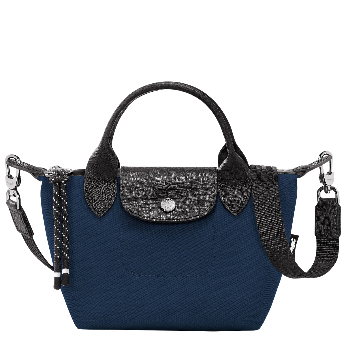 Longchamp Le Pliage Energy XS navy handbag with lightweight nylon design and leather handles, compact and stylish for everyday use.