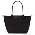 Longchamp Le Pliage Green L tote bag in black leather with handles, showcasing its spacious design and elegant style.