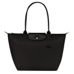 Longchamp Le Pliage Green L tote bag in black leather with handles, showcasing its spacious design and elegant style.