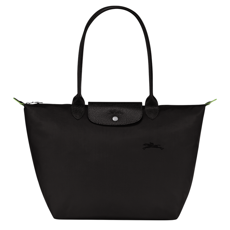 Longchamp Le Pliage Green L tote bag in black, showcasing the spacious design and classic tote style.