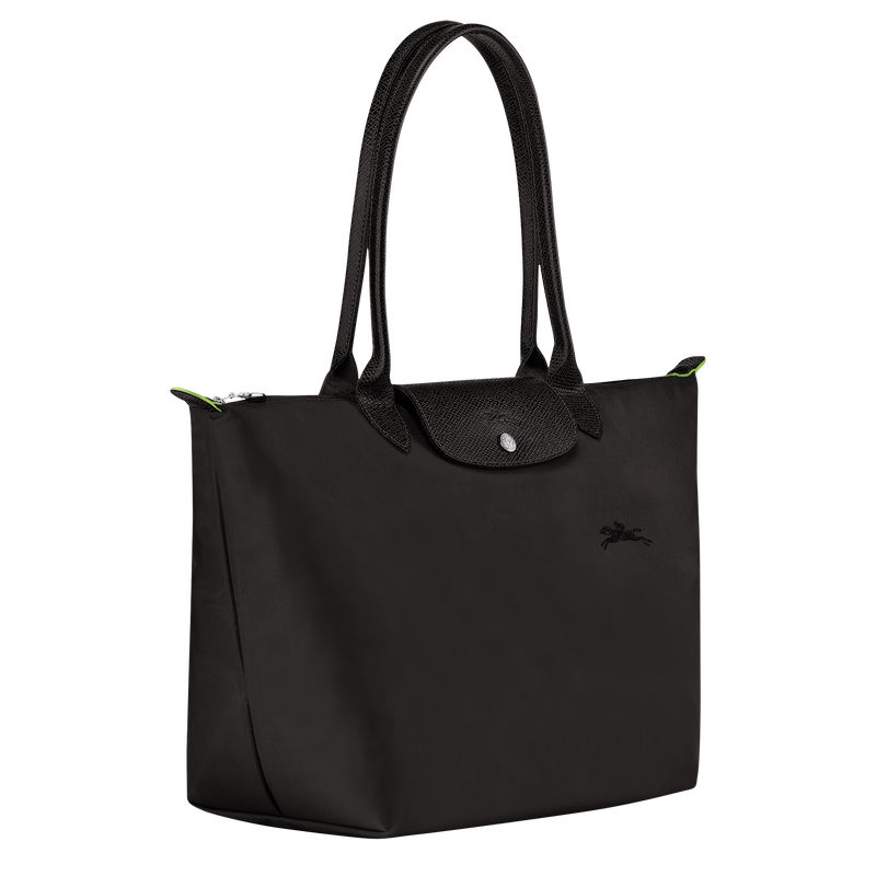 Longchamp Le Pliage Green L Tote bag in black, showing its spacious design and durable fabric with handles for carrying.