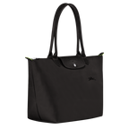 Longchamp Le Pliage Green L Tote bag in black, showing its spacious design and durable fabric with handles for carrying.