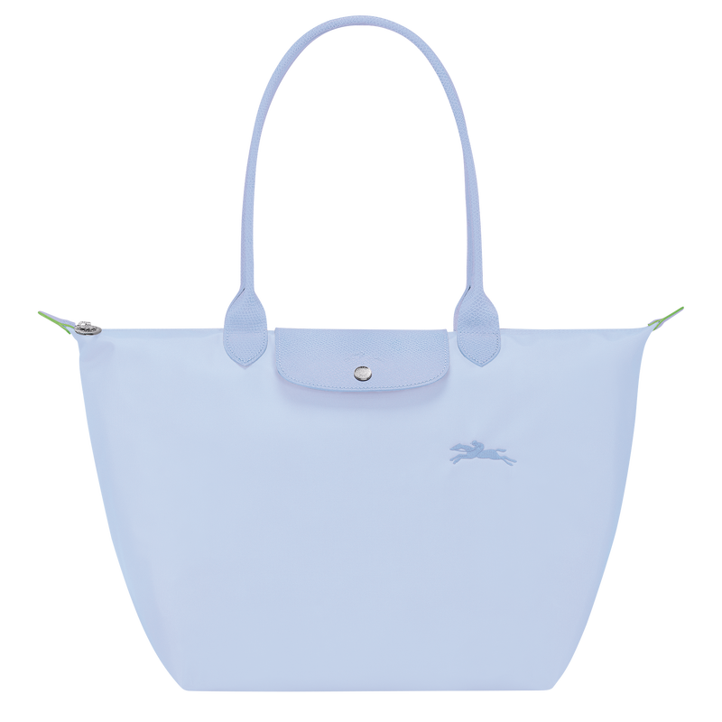 Longchamp Le Pliage Green L tote bag in sky blue with durable fabric and leather handles, stylish for everyday use.
