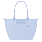 Longchamp Le Pliage Green L tote bag in sky blue with durable fabric and leather handles, stylish for everyday use.