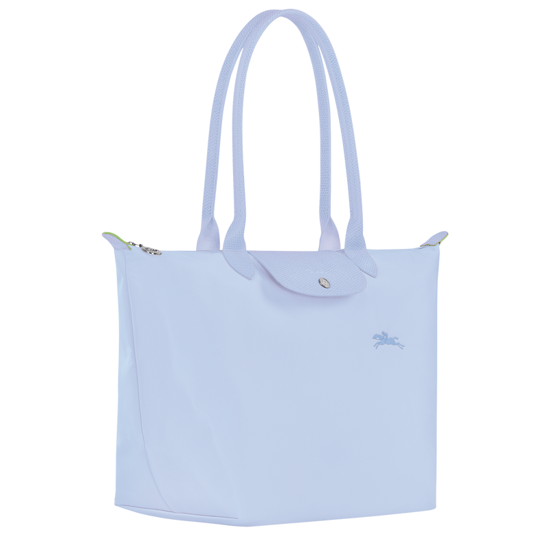 Longchamp Le Pliage green L tote bag in sky blue color, showcasing its spacious design and durable fabric.