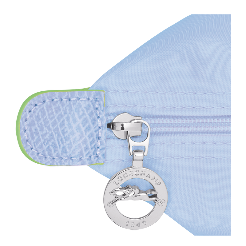Longchamp Le Pliage green L tote bag in sky blue fabric, showcasing its spacious design and sleek style.