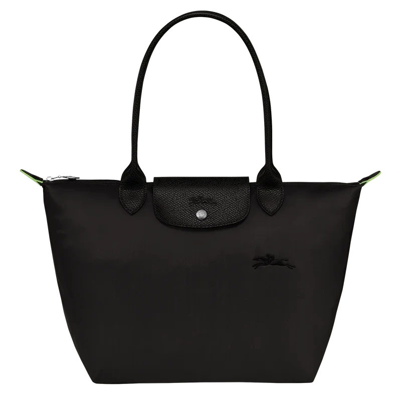 Longchamp Le Pliage Green M tote bag in black, showcasing its sleek design and durable fabric.