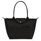 Longchamp Le Pliage Green M tote bag in black leather with handles and spacious interior, stylish and versatile for everyday use.
