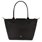 Longchamp Le Pliage Green M tote bag in black leather with foldable design and sturdy handles.