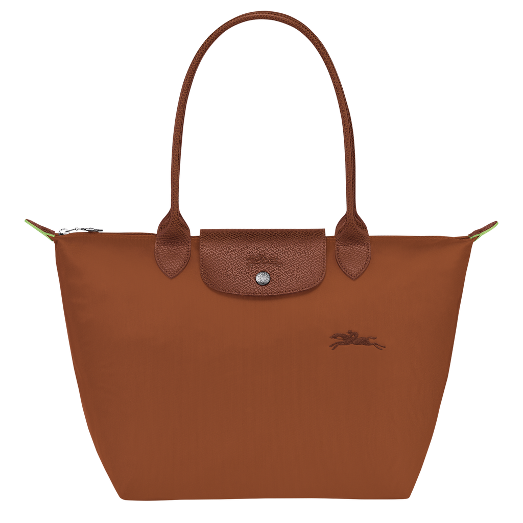 Longchamp Le Pliage Green M Tote bag in Cognac color, showcasing durable fabric and classic design with handles and spacious interior.