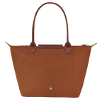 Longchamp Le Pliage green M tote bag with cognac handles, featuring a sleek, foldable design and durable fabric.