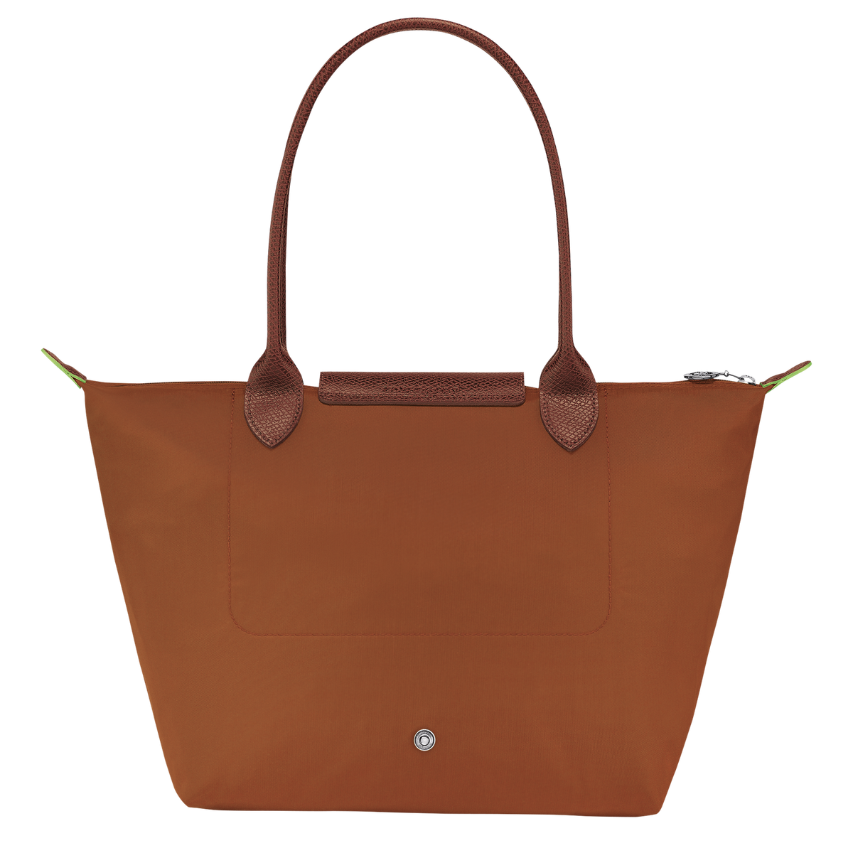 Longchamp Le Pliage green M tote bag with cognac handles, featuring a sleek, foldable design and durable fabric.