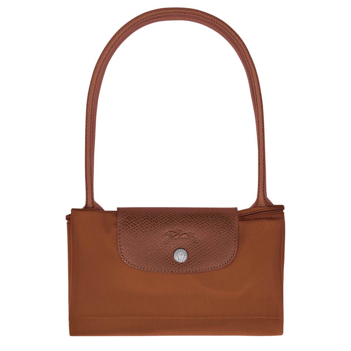 Longchamp Le Pliage Green M tote bag with cognac handles and accents, showcasing the stylish, foldable design on a neutral background.