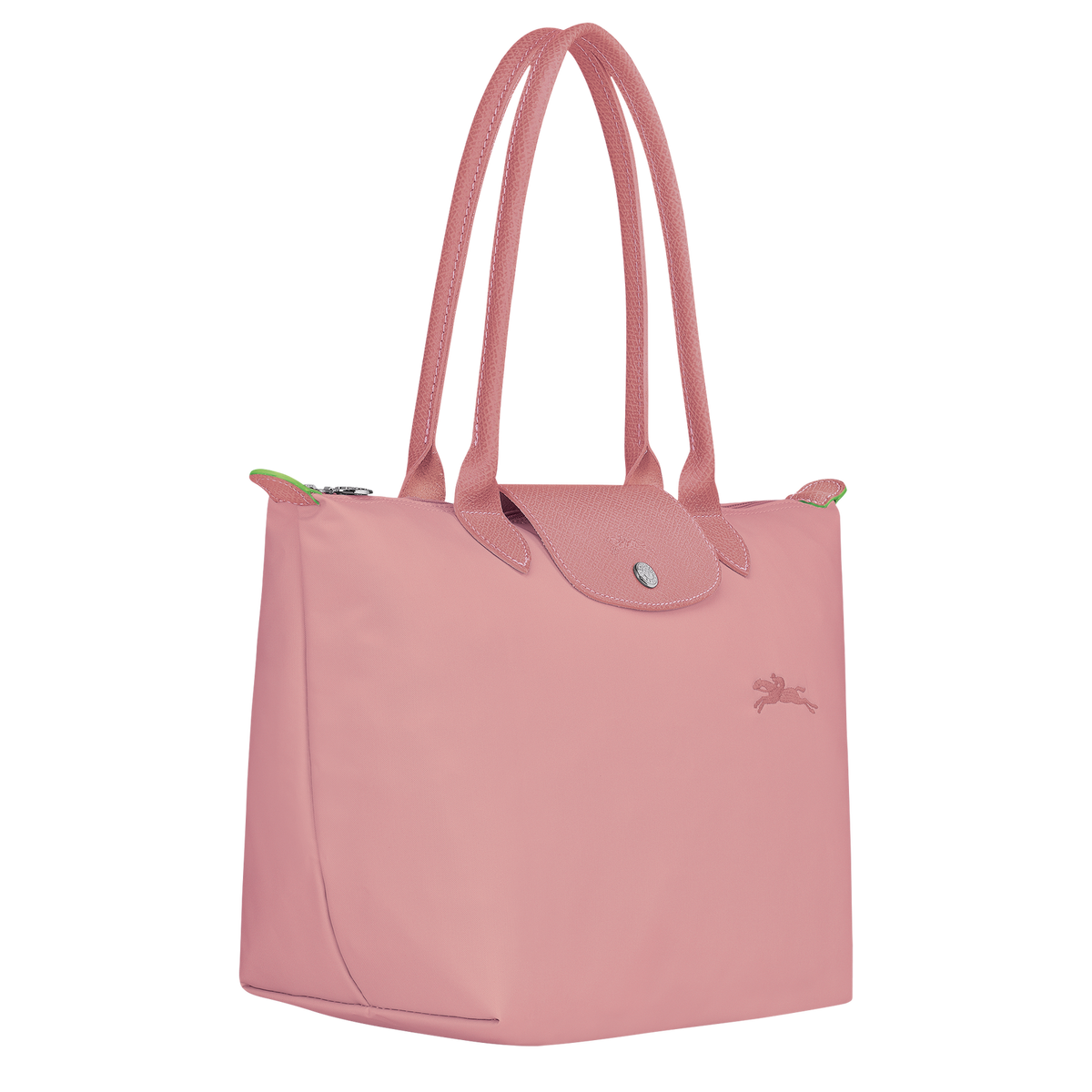 Longchamp Le Pliage Green M tote bag in Petal Pink with structured design and top handles, showcasing lightweight, foldable style.