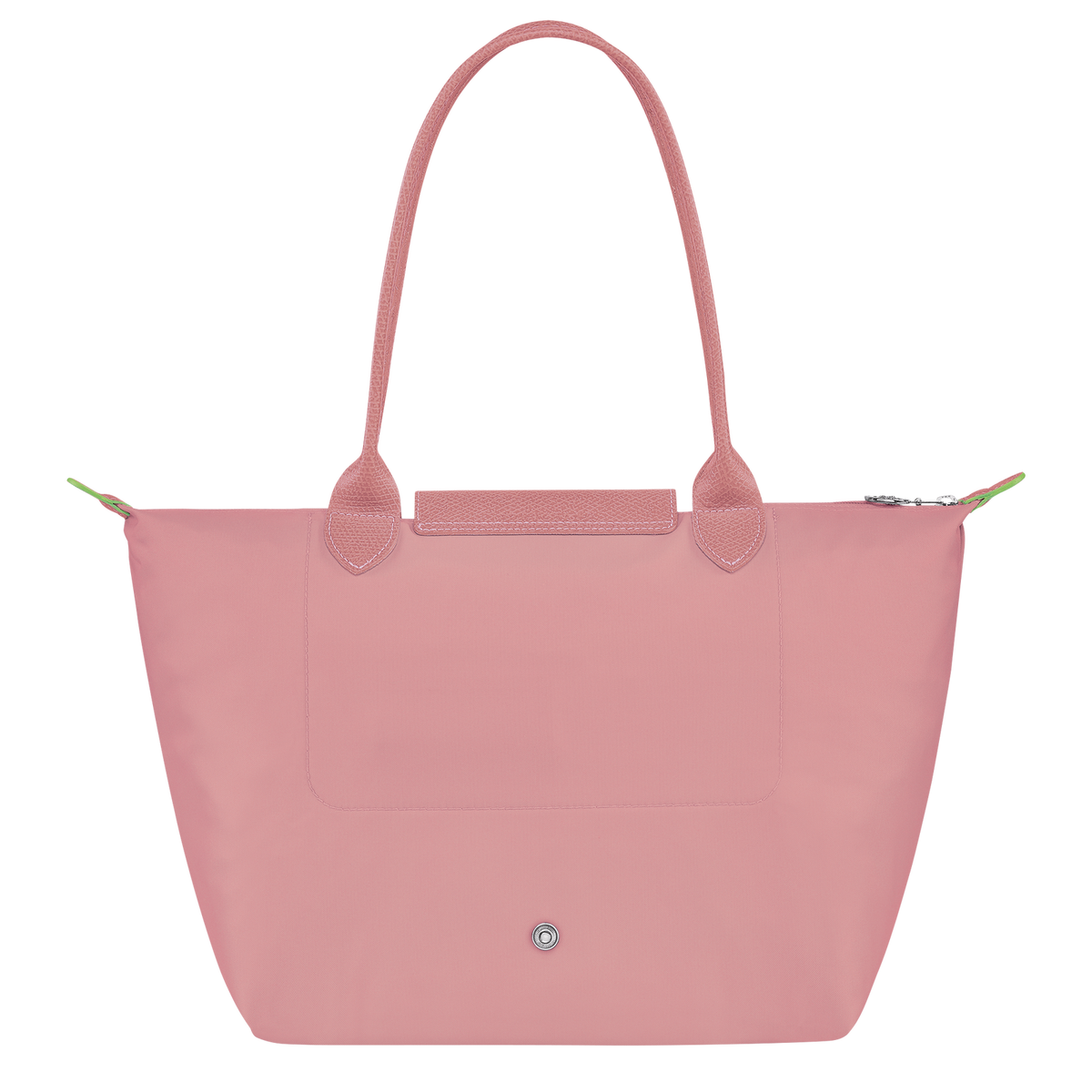 Longchamp Le Pliage Green M Tote Bag in Petal Pink, lightweight nylon design with leather handles and classic foldable style.