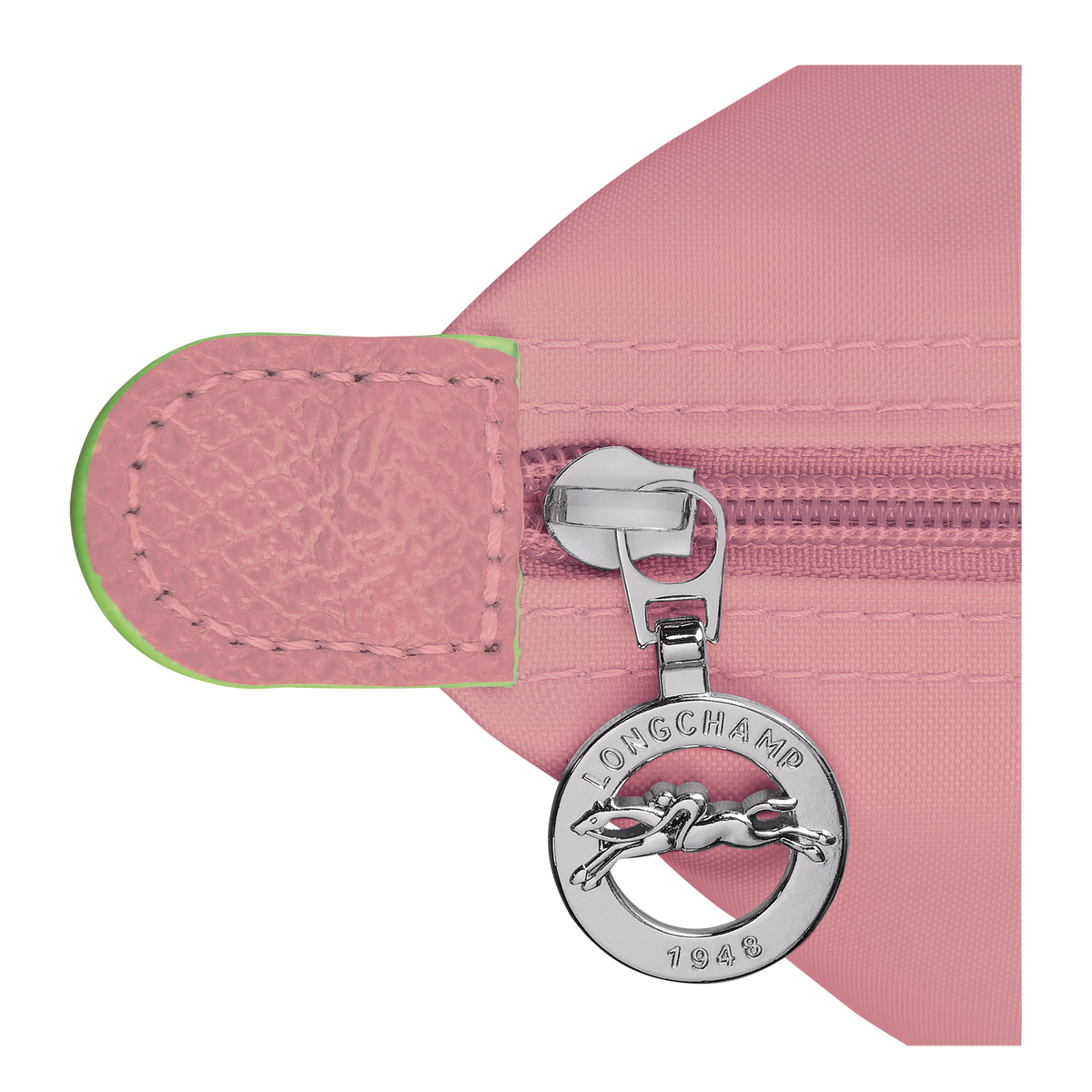 Longchamp Le Pliage Green M Tote bag with Petal Pink accents, showcasing durable fabric and stylish design.