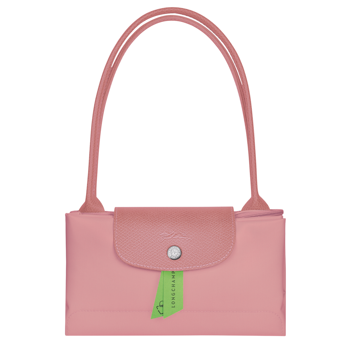 Longchamp Le Pliage green M tote bag with petal pink handles, showing the stylish and lightweight design.