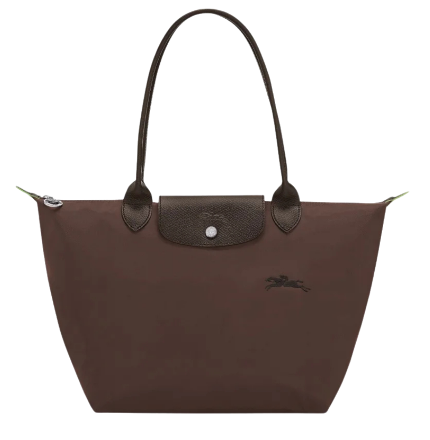 Longchamp Le Pliage Green M Tote bag in mocha color, showing the lightweight, foldable design and sturdy handles.