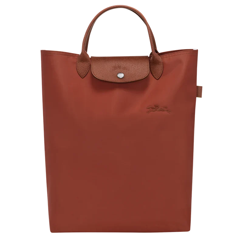 Longchamp Le Pliage Green M Tote Bag with vertical chestnut leather handles and classic fold-over design.