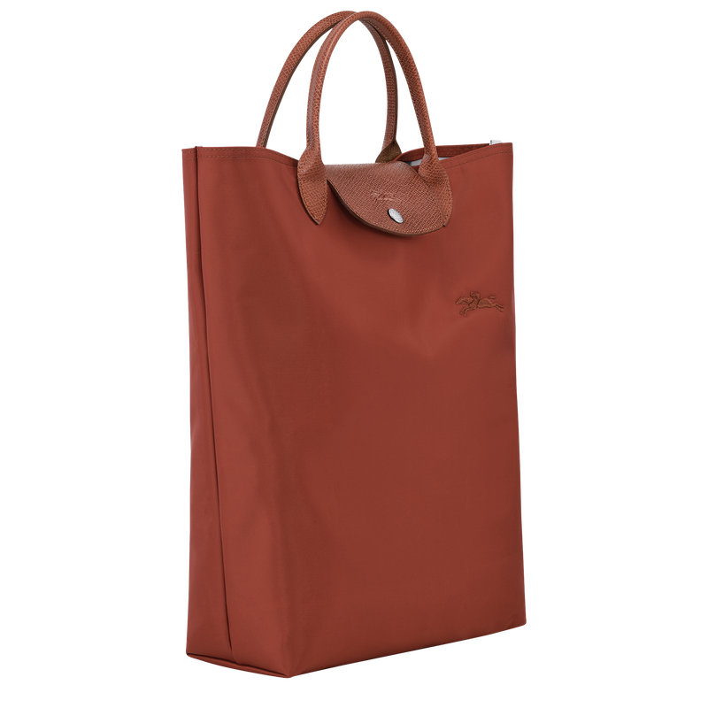 Longchamp Le Pliage Green M Tote bag with vertical chestnut design, showcasing the lightweight, foldable fabric and sturdy handles.