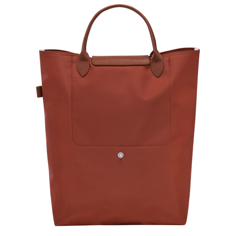 Longchamp Le Pliage Green M Tote bag with vertical chestnut design, showing the durable fabric and classic style.