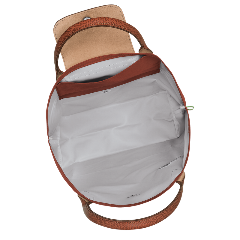 Longchamp Le Pliage Green M Tote bag with vertical design and chestnut-colored handles, showcasing its durable fabric and spacious interior.