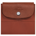 Longchamp Le Pliage green M tote bag with vertical chestnut accents, showcasing its sleek design and durable fabric.
