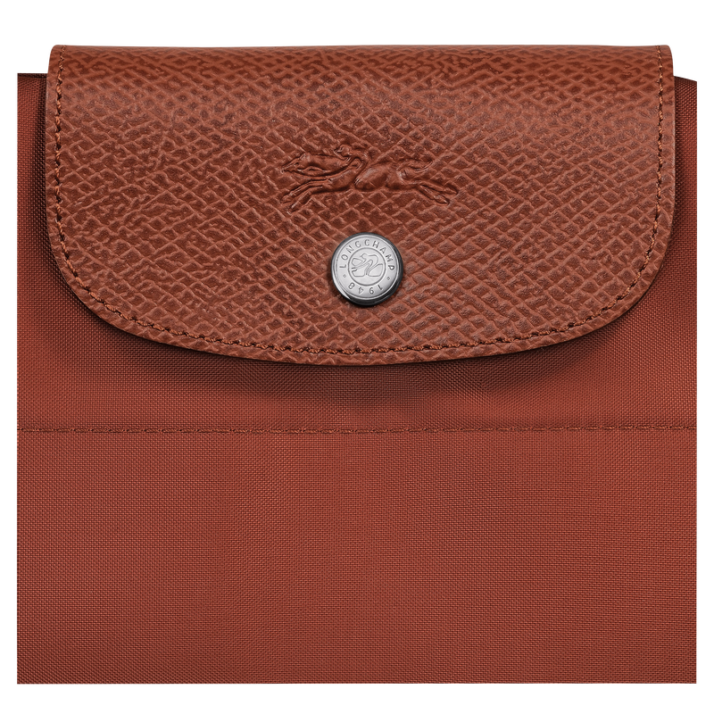 Longchamp Le Pliage green M tote bag with vertical chestnut accents, showcasing its sleek design and durable fabric.