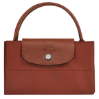 Longchamp Le Pliage Green M Tote bag with vertical chestnut accents, showcasing its durable fabric and structured design.