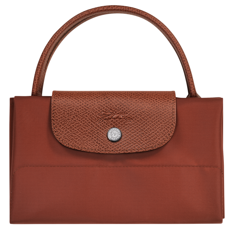 Longchamp Le Pliage Green M Tote bag with vertical chestnut accents, showcasing its durable fabric and structured design.