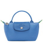 Longchamp Le Pliage green pouch with handle and cornflower blue accents, compact and lightweight bag for everyday use.