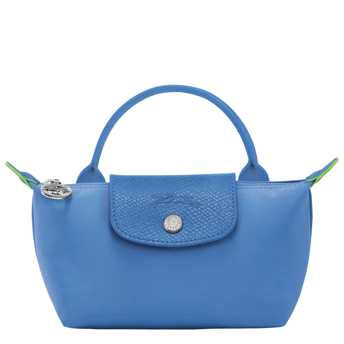 Longchamp Le Pliage green pouch bag with handle in cornflower blue, featuring a compact and lightweight design.