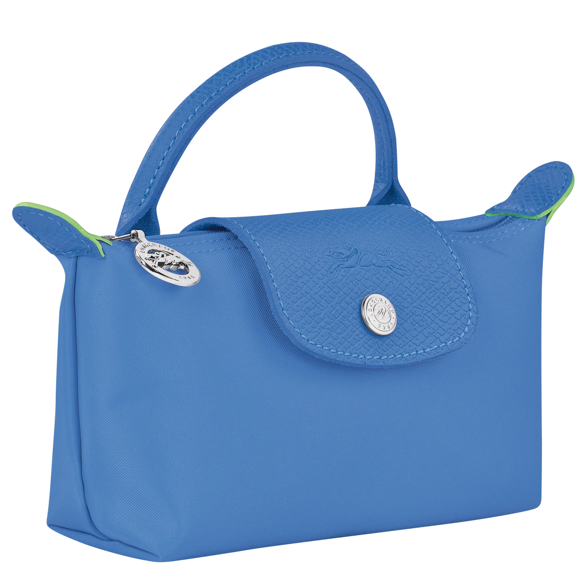 Longchamp Le Pliage green pouch with handle in cornflower blue, compact bag made of lightweight nylon fabric.