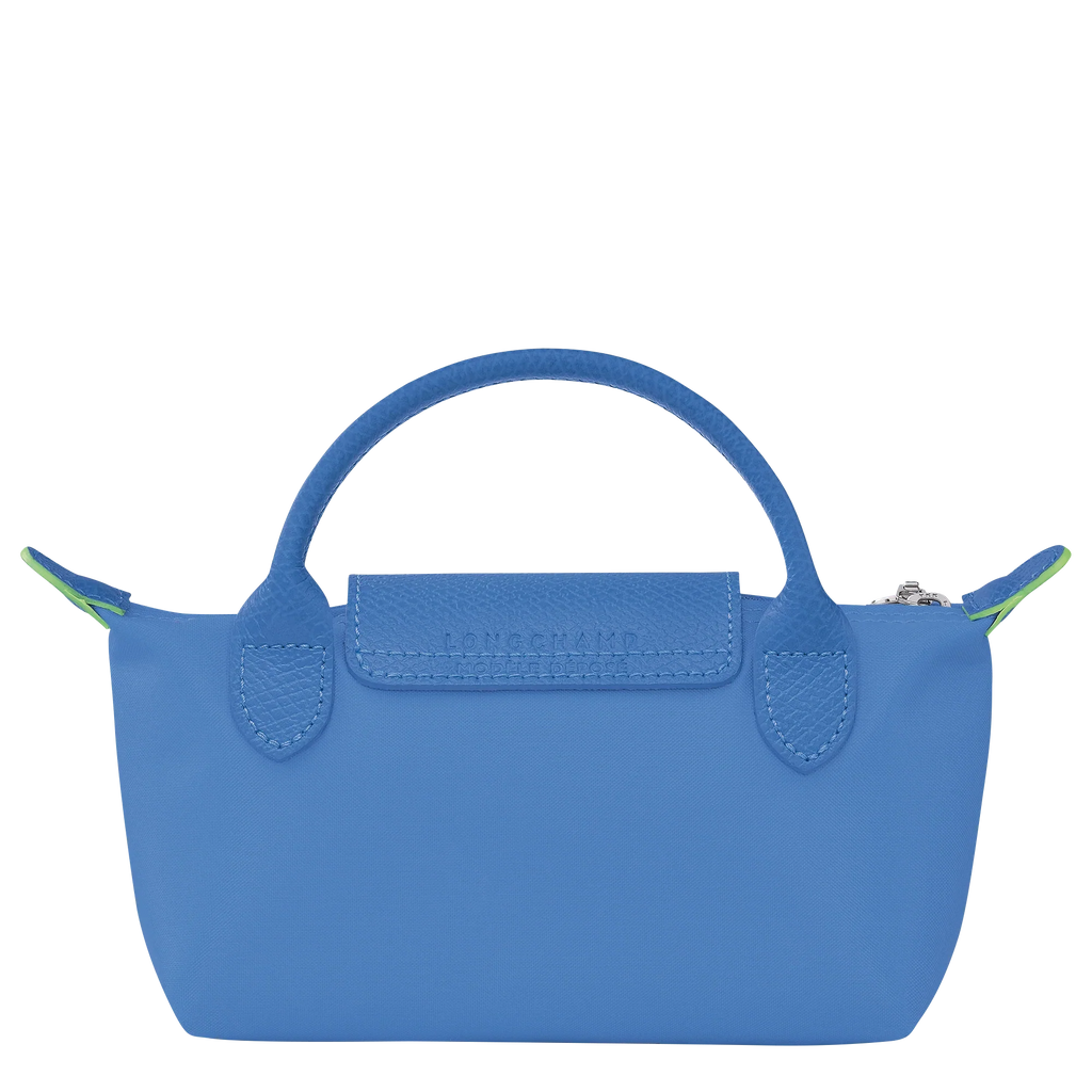 Longchamp Le Pliage green pouch with handle and cornflower blue accents, compact travel bag with a stylish design.