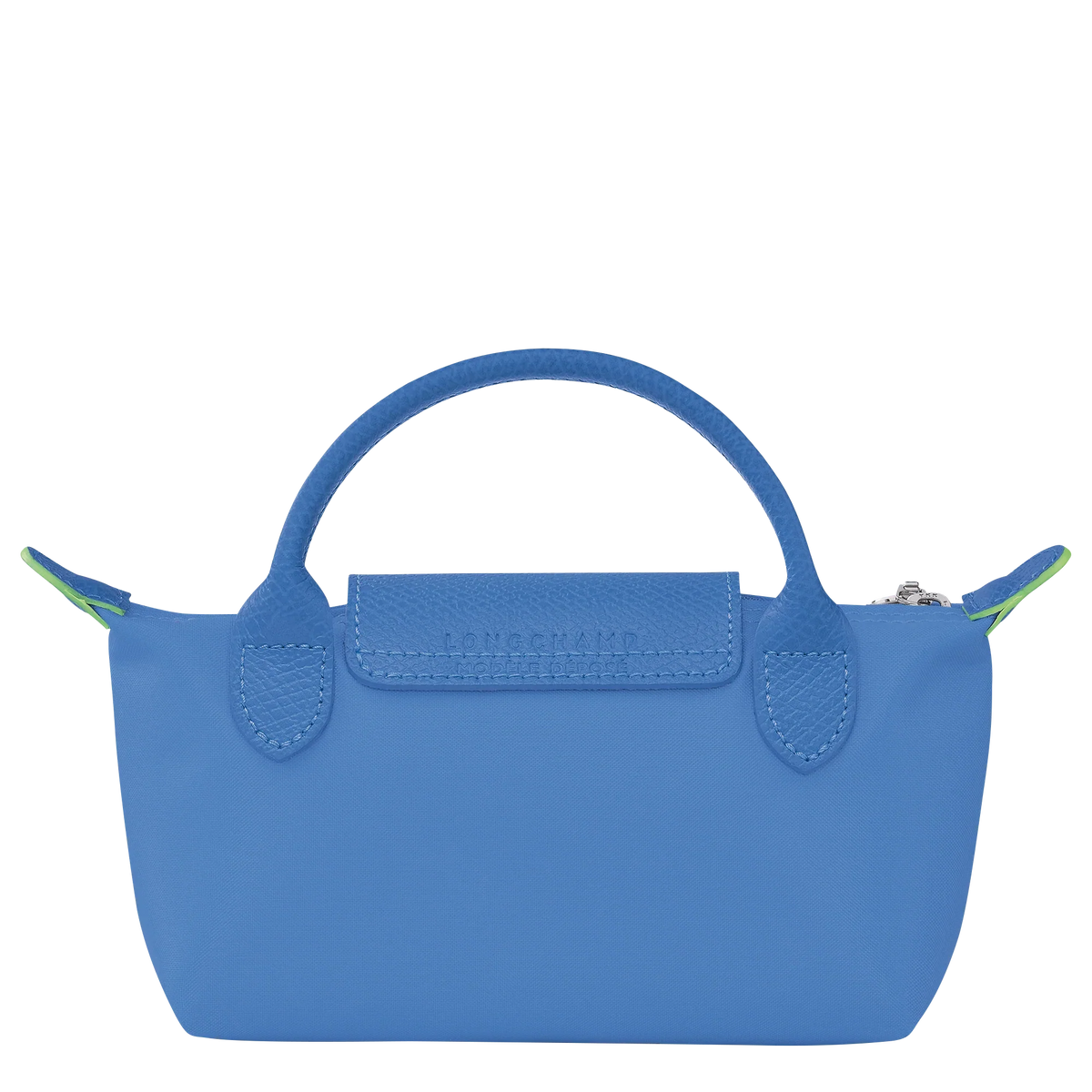 Longchamp Le Pliage green pouch with handle and cornflower blue accents, compact travel bag with a stylish design.
