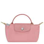 Longchamp Le Pliage green pouch bag with handle and petal pink accents, compact and stylish accessory.