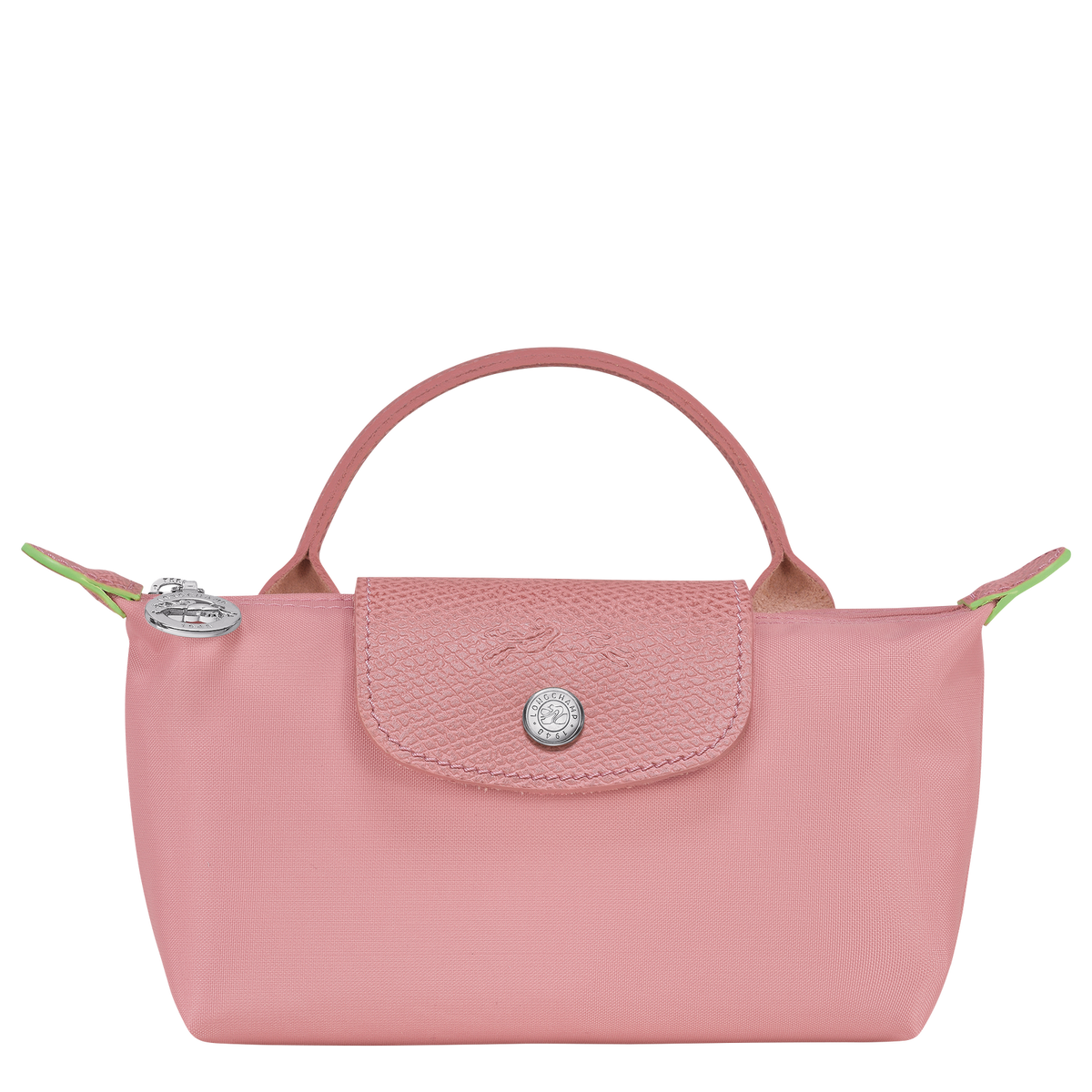 Longchamp Le Pliage green pouch bag with handle and petal pink accents, compact and stylish accessory.