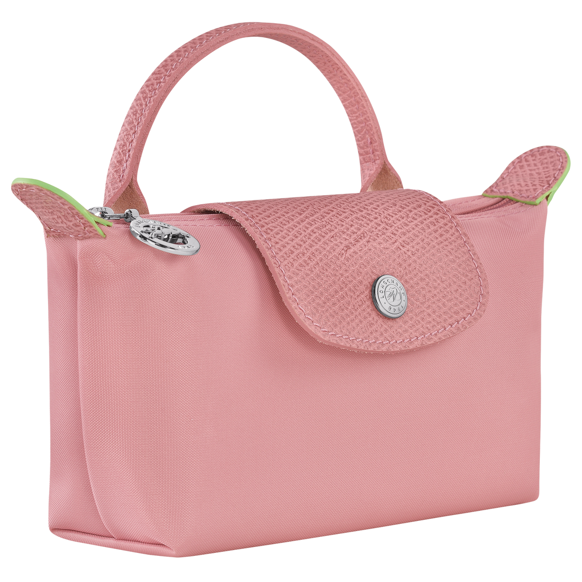 Longchamp Le Pliage green pouch bag with handle and petal pink accents, showcasing a compact and stylish accessory.