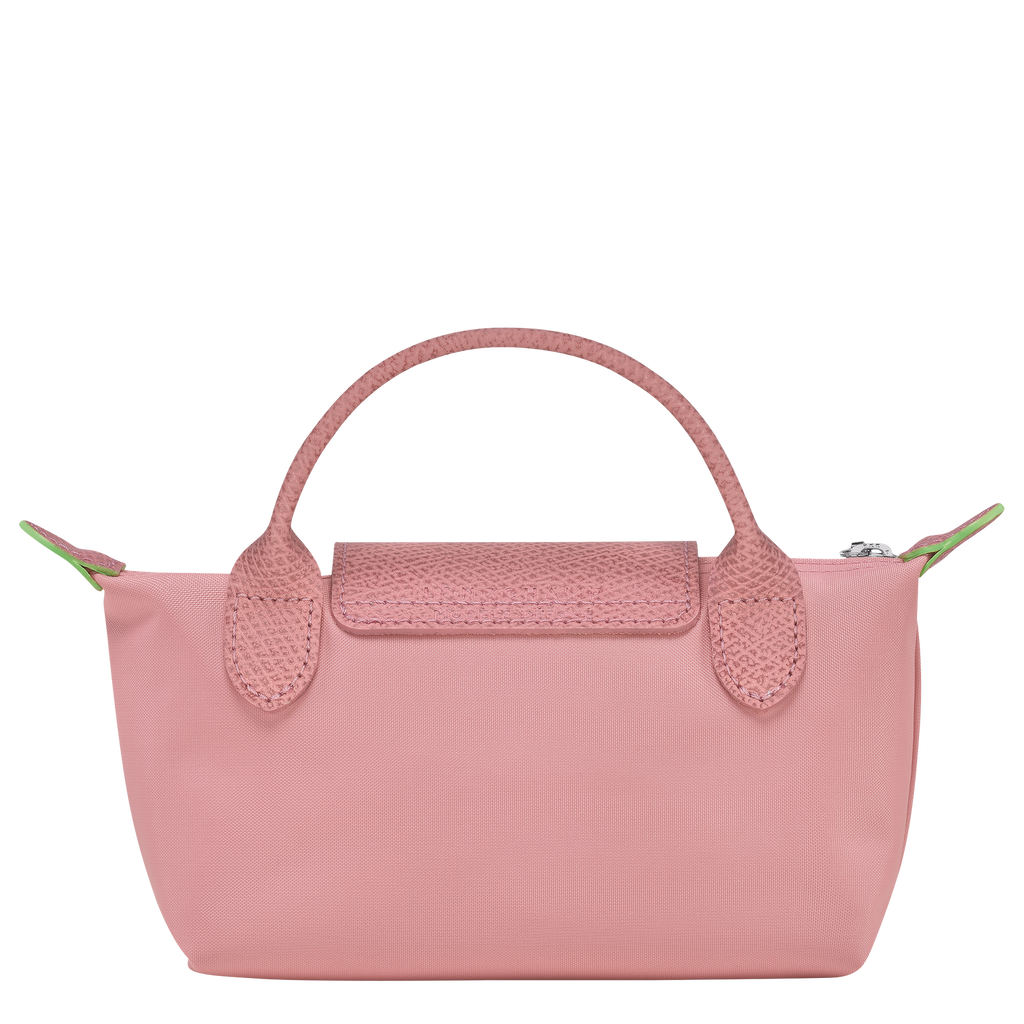 Longchamp Le Pliage green pouch bag with handle and petal pink accents, lightweight and stylish for everyday use.