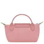 Longchamp Le Pliage green pouch bag with handle and petal pink accents, lightweight and stylish for everyday use.
